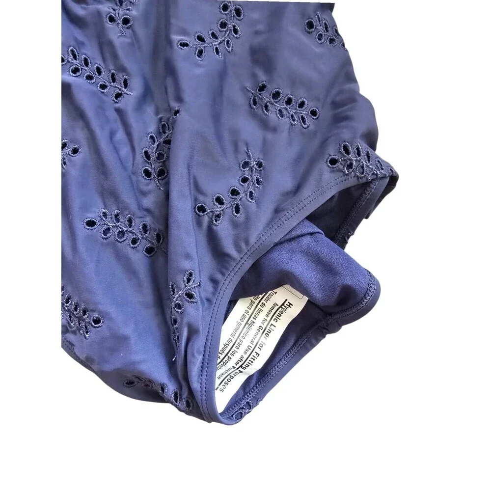 Time & True Women's Swimsuit Eyelet Floral One-Piece Halter Ruffle Blue Sz M NWT